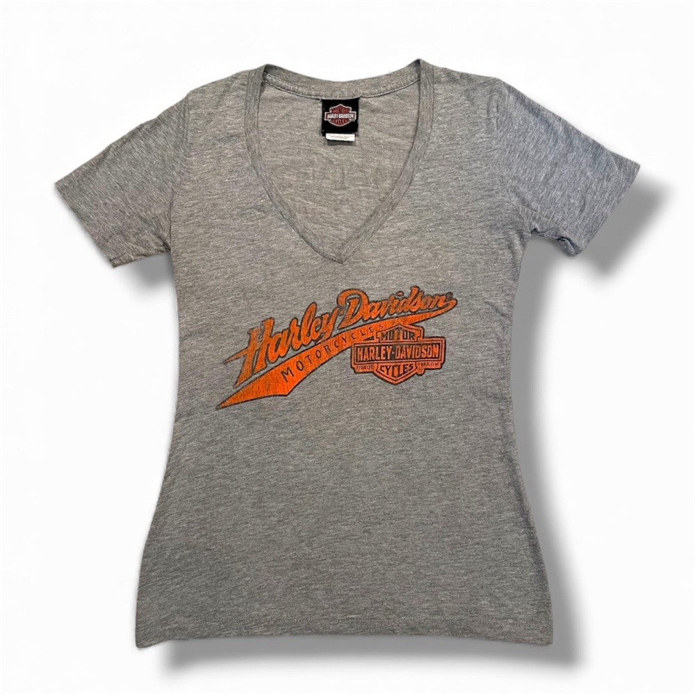 Harley-Davidson Women’s V-Neck T-Shirt — Orange & Gray Distressed Logo